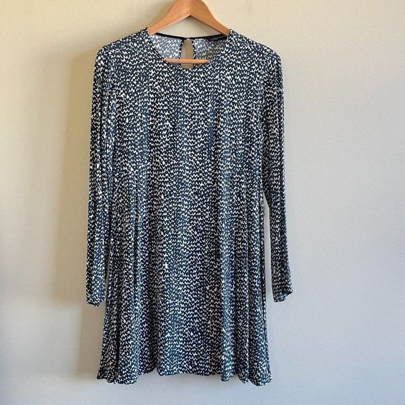 ZARA LONG SLEEVE SHIFT DRESS PRINTED WOMENS SIZE‎ S SWING NAVY BLUE WHITE - Picture 1 of 6